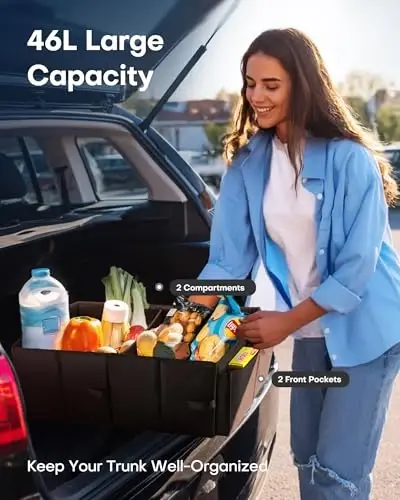 HOTOR Trunk Organizer - Car Organizer, Foldable Trunk organizer for SUVs & Sedans, Sturdy Car Organization for Car Accessories, Tools, Sundries, Black, 2 Compartments, 21.3