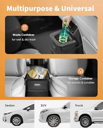 HOTOR Car Trash Can, Compact Waterproof Organizer, Leak-Proof Bin, 2-Gallon | Black, Multifunctional Car Accessory with Adjustable Straps & Magnetic Snaps for Interior Car Storage 