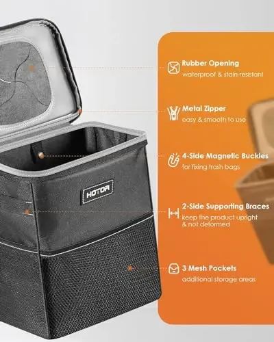 HOTOR Car Trash Can with Lid and Storage Pockets - 100% Leak-Proof Organizer, Waterproof Garbage Can, Multipurpose Trash Bin for Car, 2 Gallons, Black - 4