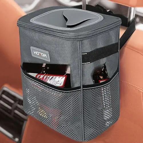 HOTOR Car Trash Can, Multifunctional Car Accessory for Interior Car Stuff Storage with Compact Design, Waterproof Car Organizer and Storage with Adjustable Straps, Magnetic Snaps, 2 Gallons, Gray - 1