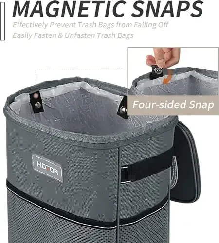 HOTOR Car Trash Can, Multifunctional Car Accessory for Interior Car Stuff Storage with Compact Design, Waterproof Car Organizer and Storage with Adjustable Straps, Magnetic Snaps, 2 Gallons, Gray - 2