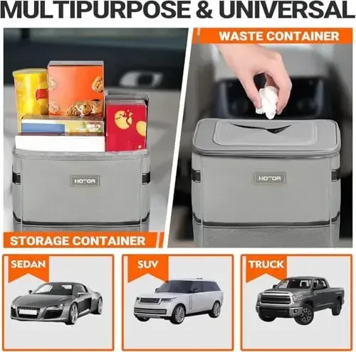 HOTOR Car Trash Can, Multifunctional Car Accessory for Interior Car Stuff Storage with Compact Design, Waterproof Car Organizer and Storage with Adjustable Straps, Magnetic Snaps, 2 Gallons, Gray - 6