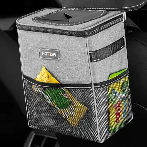 HOTOR Car Trash Can - Multifunctional Car Accessory for Interior Stuff with Compact Design, Waterproof Organizer and Storage with Adjustable Straps, Magnetic Snaps (Light Gray) - 1