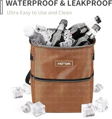 HOTOR Brown Car Trash Can with Adjustable Strap, Magnetic Snaps, Waterproof Lining, and Storage Pocket - 4