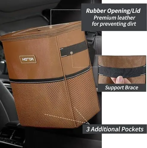 HOTOR Brown Car Trash Can with Adjustable Strap, Magnetic Snaps, Waterproof Lining, and Storage Pocket - 7