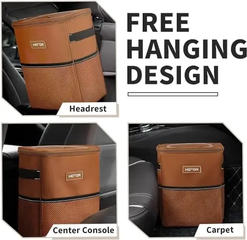 HOTOR Brown Car Trash Can with Adjustable Strap, Magnetic Snaps, Waterproof Lining, and Storage Pocket - 2