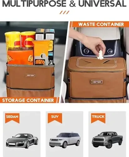 HOTOR Brown Car Trash Can with Adjustable Strap, Magnetic Snaps, Waterproof Lining, and Storage Pocket - 6