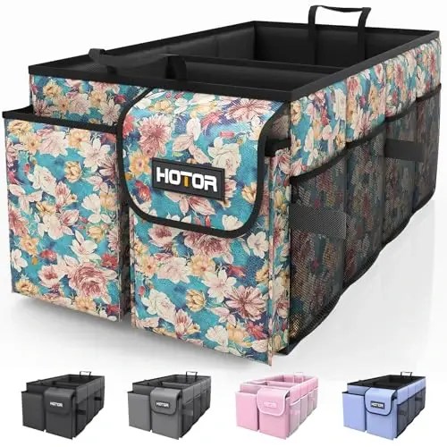 HOTOR Trunk Organizer- Car Organizer, Foldable Trunk organizer for SUVs & Sedans, Sturdy Car Organization for Car Accessories, Tools, Sundries, Blue Flower, 2 Compartments, 21.3