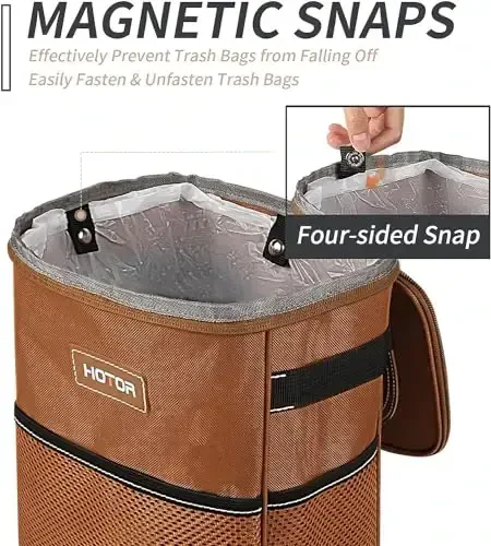 HOTOR Brown Car Trash Can with Adjustable Strap, Magnetic Snaps, Waterproof Lining, and Storage Pocket - 3
