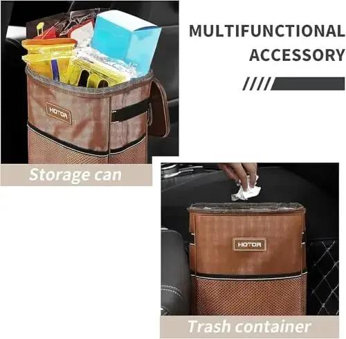 HOTOR Brown Car Trash Can with Adjustable Strap, Magnetic Snaps, Waterproof Lining, and Storage Pocket - 5