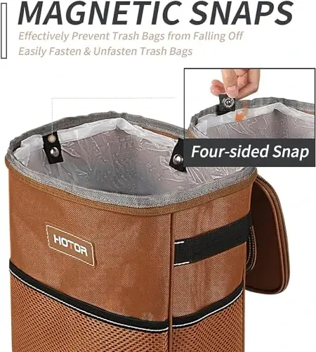 HOTOR Brown Car Trash Can with Adjustable Strap, Magnetic Snaps, Waterproof Lining, and Storage Pocket - 3