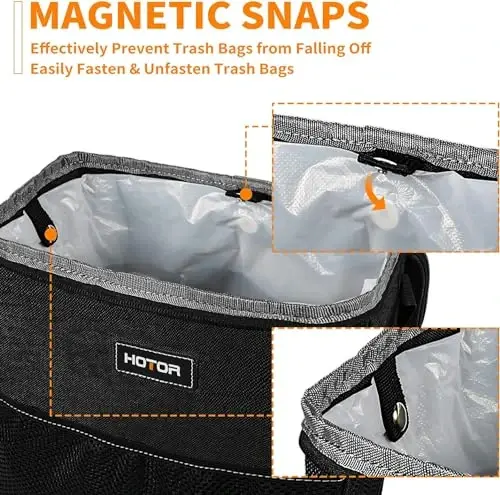 HOTOR Car Trash Can, Leakproof Car Organizer, 3-Gallon, Black | Compact Waterproof Bin, Multifunctional Car Accessory with Adjustable Straps & Magnetic Snaps for Interior Car Storage - 3