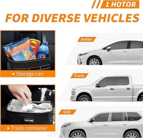 HOTOR Car Trash Can, Leakproof Car Organizer, 3-Gallon, Black | Compact Waterproof Bin, Multifunctional Car Accessory with Adjustable Straps & Magnetic Snaps for Interior Car Storage - 6
