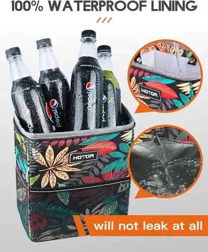 HOTOR Car Trash Can with Lid and Storage Pockets - 100% Leak-Proof Organizer, Waterproof Garbage Can, Multipurpose Trash Bin for Car, 2 Gallons, Autumn Leaves - 5