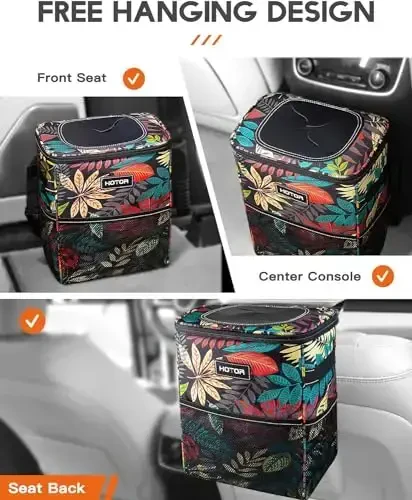 HOTOR Car Trash Can with Lid and Storage Pockets - 100% Leak-Proof Organizer, Waterproof Garbage Can, Multipurpose Trash Bin for Car, 2 Gallons, Autumn Leaves - 7