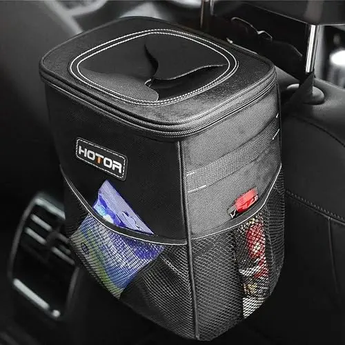 HOTOR Car Trash Can with Lid and Storage Pockets - 100% Leak-Proof Organizer, Waterproof Garbage Can, Multipurpose Trash Bin for Car, 2 Gallons, Black - HOTOR (1)
