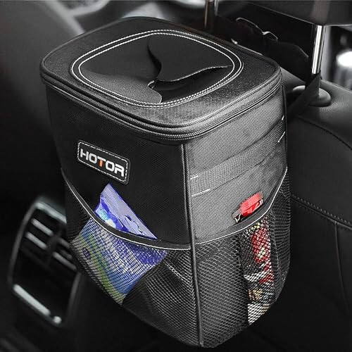 HOTOR Car Trash Can with Lid and Storage Pockets - 100% Leak-Proof Organizer, Waterproof Garbage Can, Multipurpose Trash Bin for Car, 2 Gallons, Black - 3