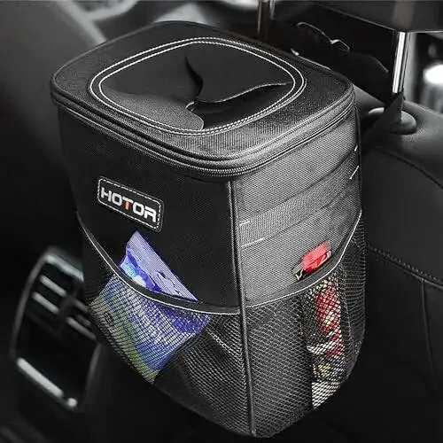 HOTOR Car Trash Can with Lid and Storage Pockets - 100% Leak-Proof Organizer, Waterproof Garbage Can, Multipurpose Trash Bin for Car, 2 Gallons, Black - 3
