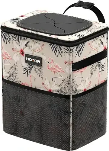 HOTOR Car Trash Can with Lid and Storage Pockets - 100% Leak-Proof Organizer, Waterproof Garbage Can, Multipurpose Trash Bin for Car, 2 Gallons, Flamingo 