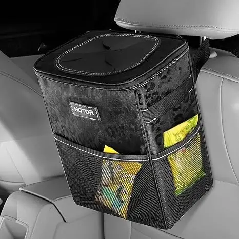 HOTOR Car Trash Can with Lid and Storage Pockets - 100% Leak-Proof Organizer, Waterproof Garbage Can, Multipurpose Trash Bin for Car, 2 Gallons, Leopard-Print Black - HOTOR