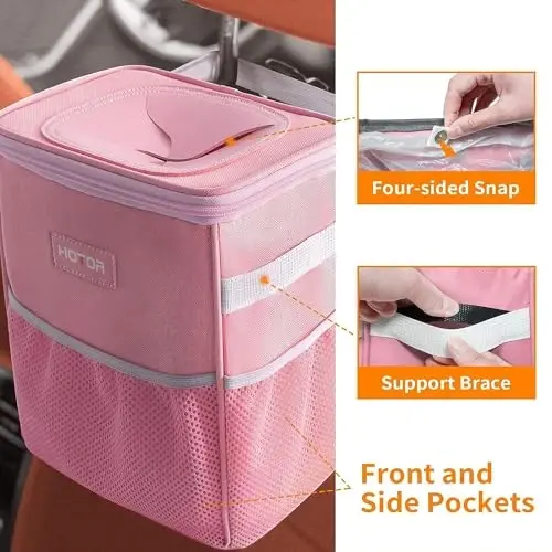 HOTOR Car Trash Can with Lid and Storage Pockets - 100% Leak-Proof Organizer, Waterproof Garbage Can, Multipurpose Trash Bin for Car, 2 Gallons, Pink - 4