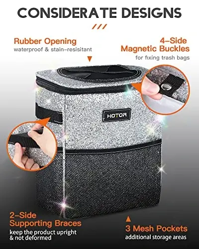 HOTOR Car Trash Can with Lid and Storage Pockets - 100% Leak-Proof Organizer, Waterproof Garbage Can, Multipurpose Trash Bin for Car, 2 Gallons, Sparkle White - 4
