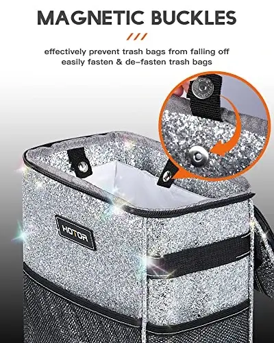 HOTOR Car Trash Can with Lid and Storage Pockets - 100% Leak-Proof Organizer, Waterproof Garbage Can, Multipurpose Trash Bin for Car, 2 Gallons, Sparkle White - 3