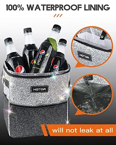 HOTOR Car Trash Can with Lid and Storage Pockets - 100% Leak-Proof Organizer, Waterproof Garbage Can, Multipurpose Trash Bin for Car, 2 Gallons, Sparkle White - 5
