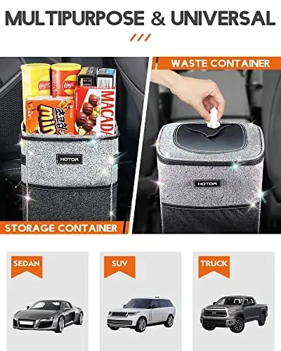 HOTOR Car Trash Can with Lid and Storage Pockets - 100% Leak-Proof Organizer, Waterproof Garbage Can, Multipurpose Trash Bin for Car, 2 Gallons, Sparkle White - 6