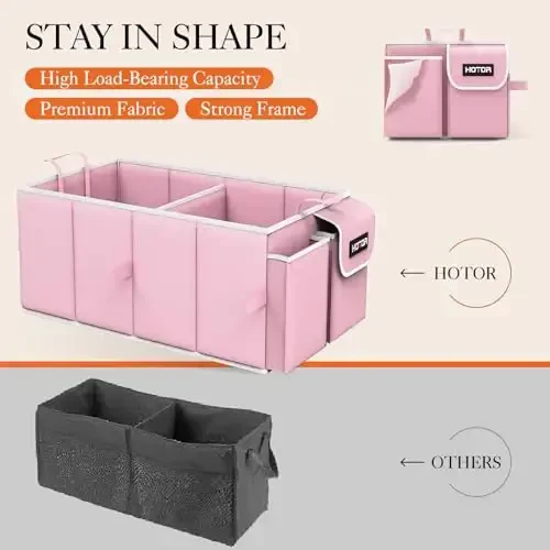 HOTOR Foldable Trunk Organizer for SUVs & Sedans, Pink, 2 Compartments, 21.3