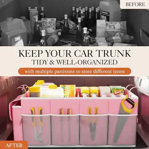 HOTOR Foldable Trunk Organizer for SUVs & Sedans, Pink, 2 Compartments, 21.3