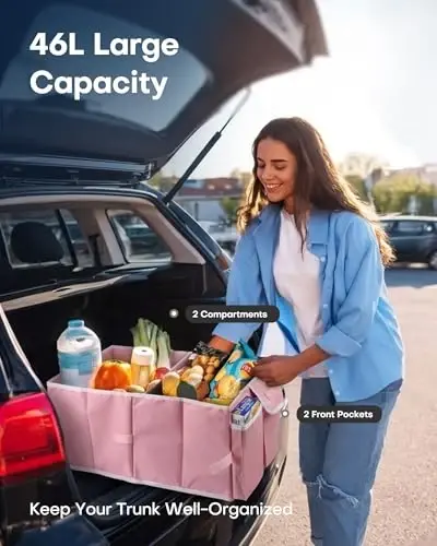 HOTOR Foldable Trunk Organizer for SUVs & Sedans, Pink, 2 Compartments, 21.3