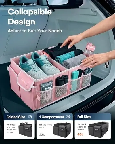 HOTOR Foldable Trunk Organizer for SUVs & Sedans, Pink, 2 Compartments, 21.3