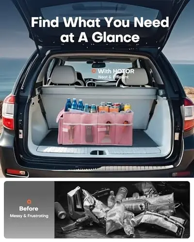 HOTOR Foldable Trunk Organizer for SUVs & Sedans, Pink, 2 Compartments, 21.3