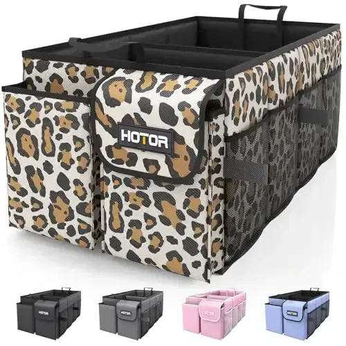 HOTOR Foldable Trunk Organizer - Leopard, SUV & Sedan Fits, 2 Compartments, 21.3