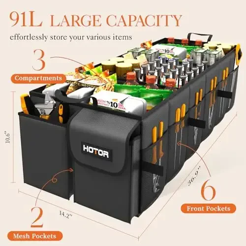 HOTOR Foldable Trunk Organizer - SUV & Sedan, 3-Compartment, 35.4