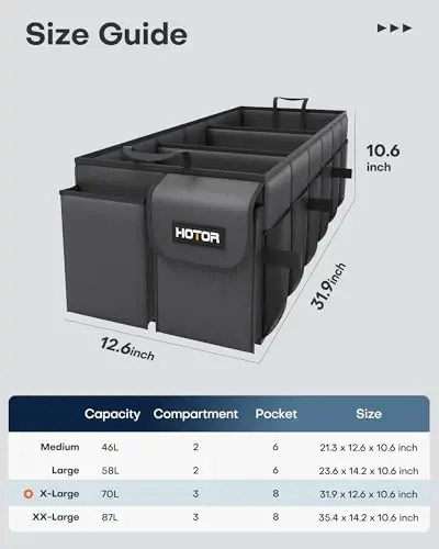 HOTOR Foldable Trunk Organizer - SUV & Sedan Compatible, 3 Compartment, Black, 31.9