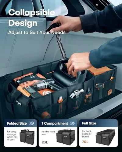 HOTOR Foldable Trunk Organizer - SUV & Sedan Compatible, 3 Compartment, Black, 31.9