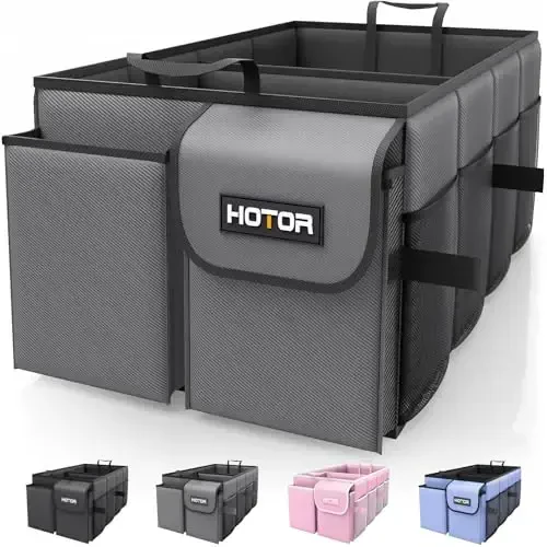 HOTOR Foldable Trunk Organizer - SUV & Sedan Compatible, Sturdy 2-Compartment Grey Car Accessory Organizer, 23.6