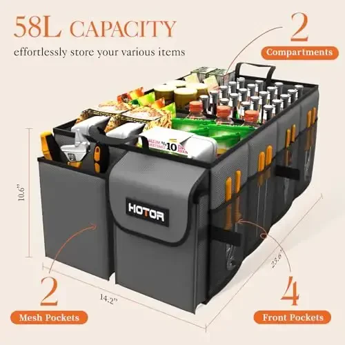HOTOR Foldable Trunk Organizer - SUV & Sedan Compatible, Sturdy 2-Compartment Grey Car Accessory Organizer, 23.6