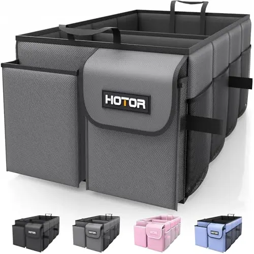 HOTOR Foldable Trunk Organizer - SUV & Sedan Compatible, Sturdy 2-Compartment Grey Car Accessory Organizer, 23.6