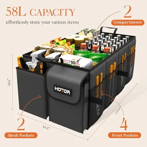 HOTOR Foldable Trunk Organizer - SUVs & Sedans, Sturdy Car Organization With 2 Compartments, Black, 23.6