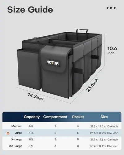 HOTOR Foldable Trunk Organizer - SUVs & Sedans, Sturdy Car Organization With 2 Compartments, Black, 23.6