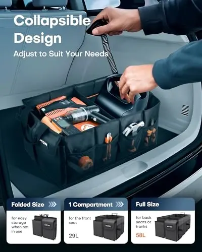HOTOR Foldable Trunk Organizer - SUVs & Sedans, Sturdy Car Organization With 2 Compartments, Black, 23.6
