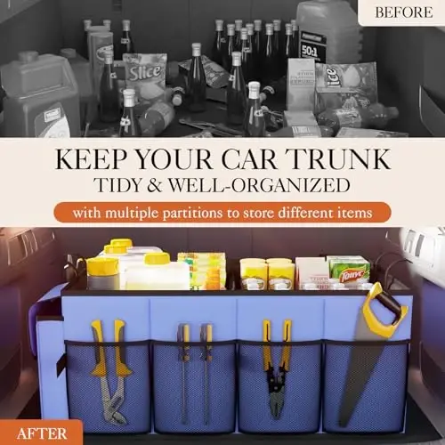 HOTOR Large-Capacity Trunk Organizer - Foldable for SUVs & Sedans, Sturdy Organization for Car Accessories, Tools, Sundries, Blue, 2 Compartments, US11032 - 6