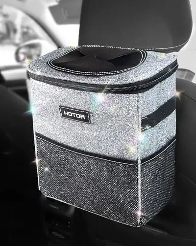 HOTOR Car Trash Can with Lid and Storage Pockets - 100% Leak-Proof Organizer, Waterproof Garbage Can, Multipurpose Trash Bin for Car, 2 Gallons, Sparkle White 