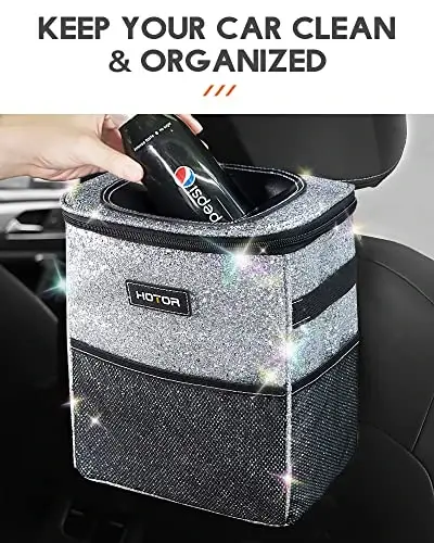 HOTOR Car Trash Can with Lid and Storage Pockets - 100% Leak-Proof Organizer, Waterproof Garbage Can, Multipurpose Trash Bin for Car, 2 Gallons, Sparkle White - 2