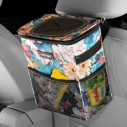 HOTOR Car Trash Can with Lid and Storage Pockets - 100% Leak-Proof Organizer, Waterproof Garbage Can, Multipurpose Trash Bin for Car, 2 Gallons, Blue Flower 