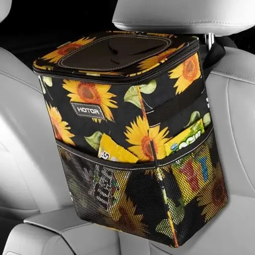 HOTOR Car Trash Can with Lid and Storage Pockets - 100% Leak-Proof Organizer, Waterproof Garbage Can, Multipurpose Trash Bin for Car, 2 Gallons, Sunflower - HOTOR