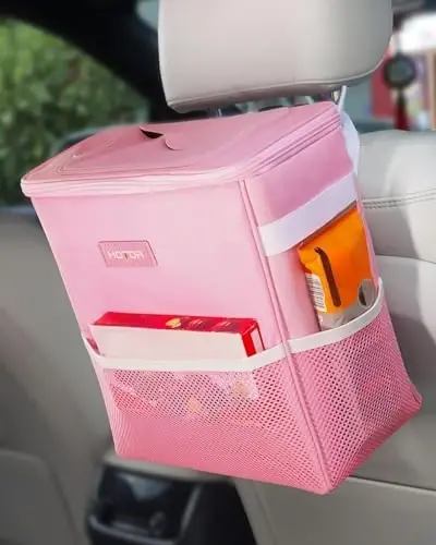 HOTOR Car Trash Can with Lid and Storage Pockets - 100% Leak-Proof Organizer, Waterproof Garbage Can, Multipurpose Trash Bin for Car, 2 Gallons, Pink - 1